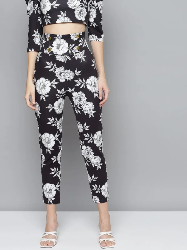 Black Floral Scuba Front Button High Waist Pants