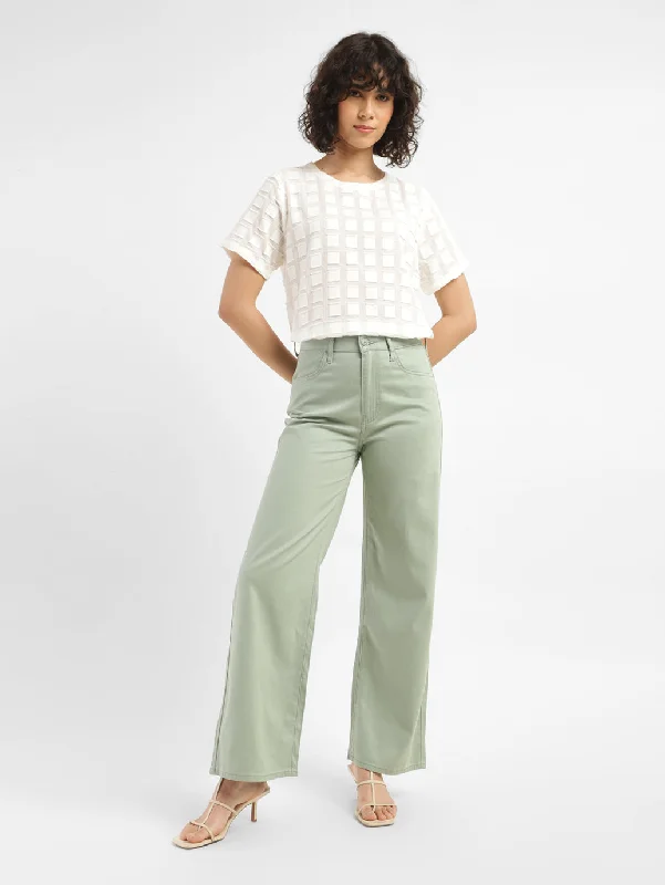 Women's High Rise Green Wide-leg Jeans