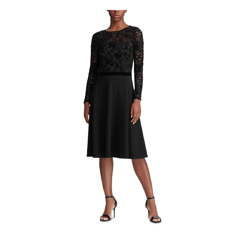 Ralph Lauren Women's Embroidered Lace Floral Long Sleeve Jewel Neck Below the Knee Wear to Work Fit Flare Dress Black Size 14