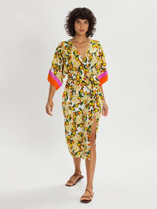 Raquel Lemon Floral Silk Midi Dress – Yellow