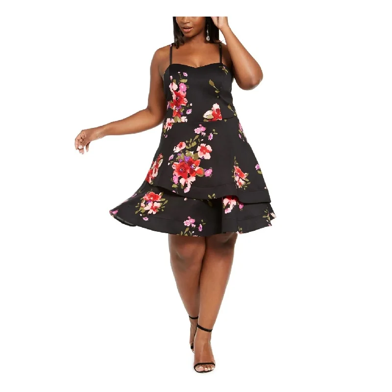 Sequin Hearts Women's Trendy Plus Size Floral Fit & Flare Dress Black Size 20