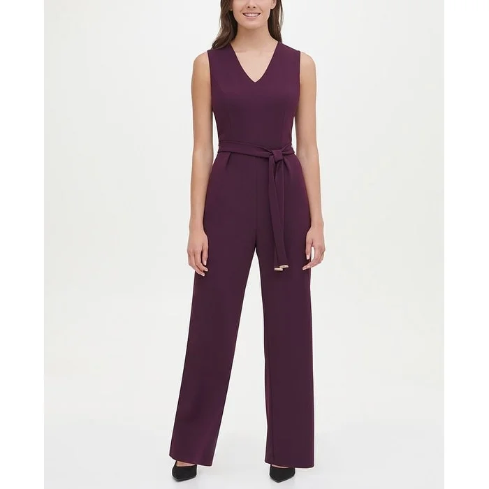 Tommy Hilfiger Women's Belted Zippered Sleeveless V Neck Straight Leg Jumpsuit Purple Size 14