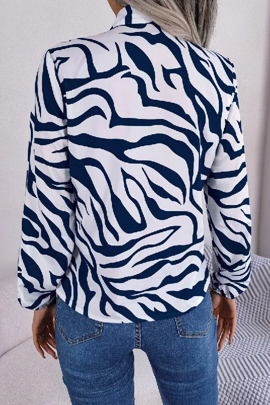 WOMEN COLOR ZEBRA PATTERN TIED NECN OFFICE BLOUSE