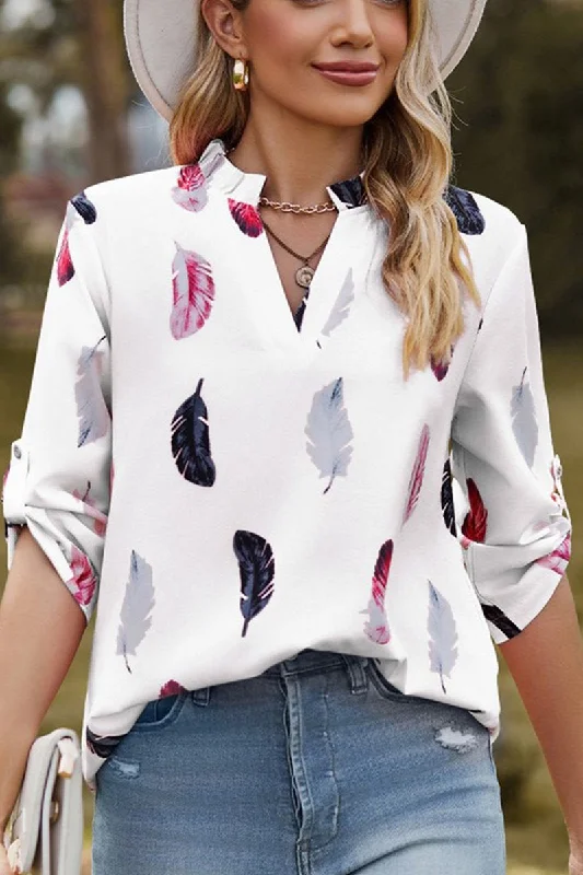 WOMEN FEATHER PRINTING SHIRRED HIGH NECK BLOUSE