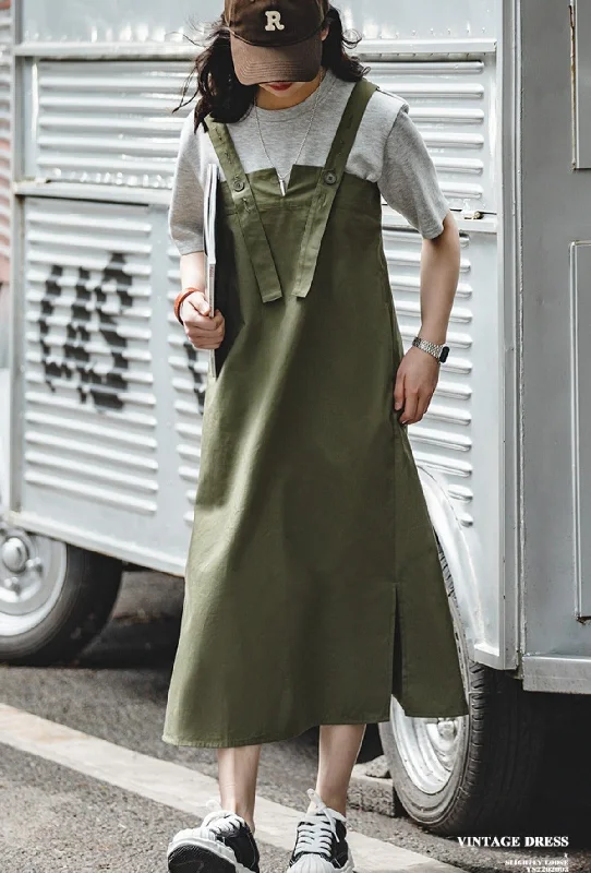 Madden women's Japanese retro military green casual work back straps cover crotch thin halter A-line dresses