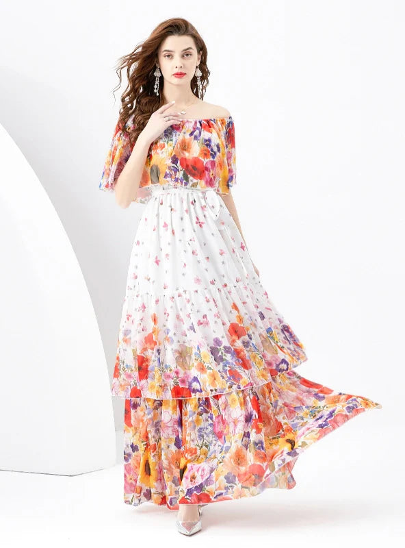 OFF THE SHOULDER FLOUNCED HOLIDAY PRINTED CAKE DRESS