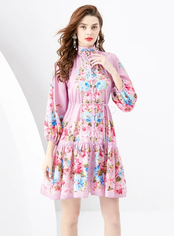 RETRO PAINTED LANTERN SLEEVE WAVY PRINTED DRESS