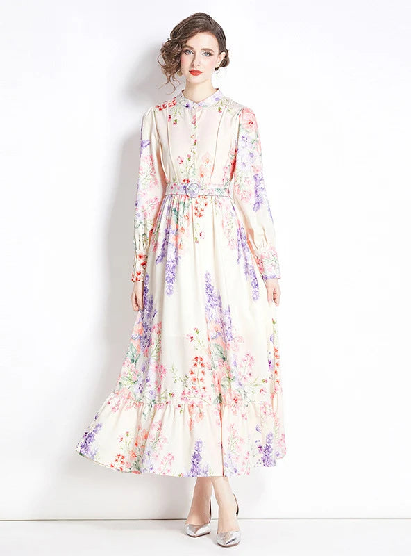 RETRO PRINTED LONG SLEEVE FLORAL DRESS