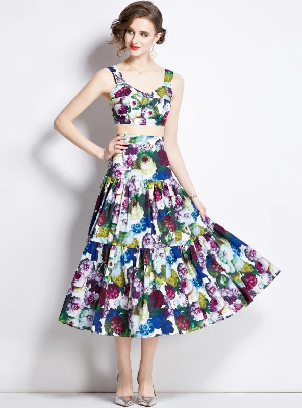 RETRO SLEEVELESS TOP PRINTED SKIRT DRESS