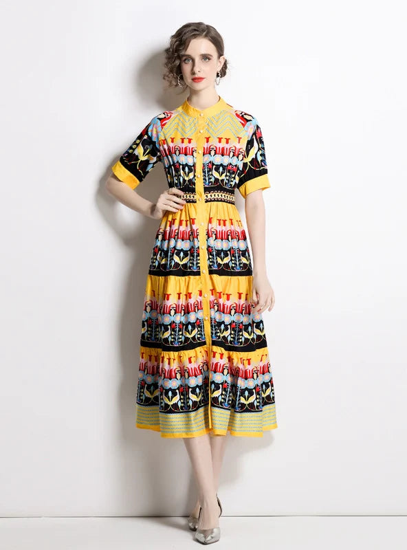 ROUND NECK SHORT SLEEVE SINGLE-BREASTED PRINTED DRESS