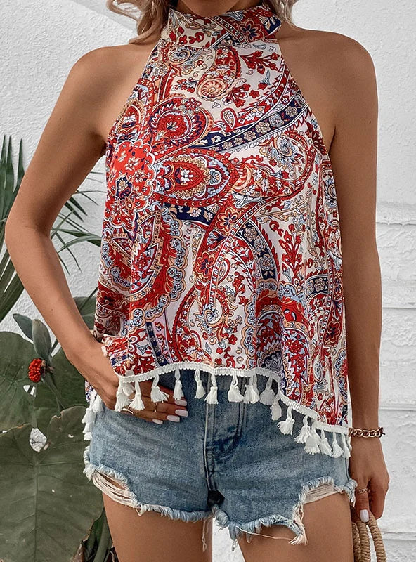 SLEEVELESS TASSEL PRINT HALTER TOP