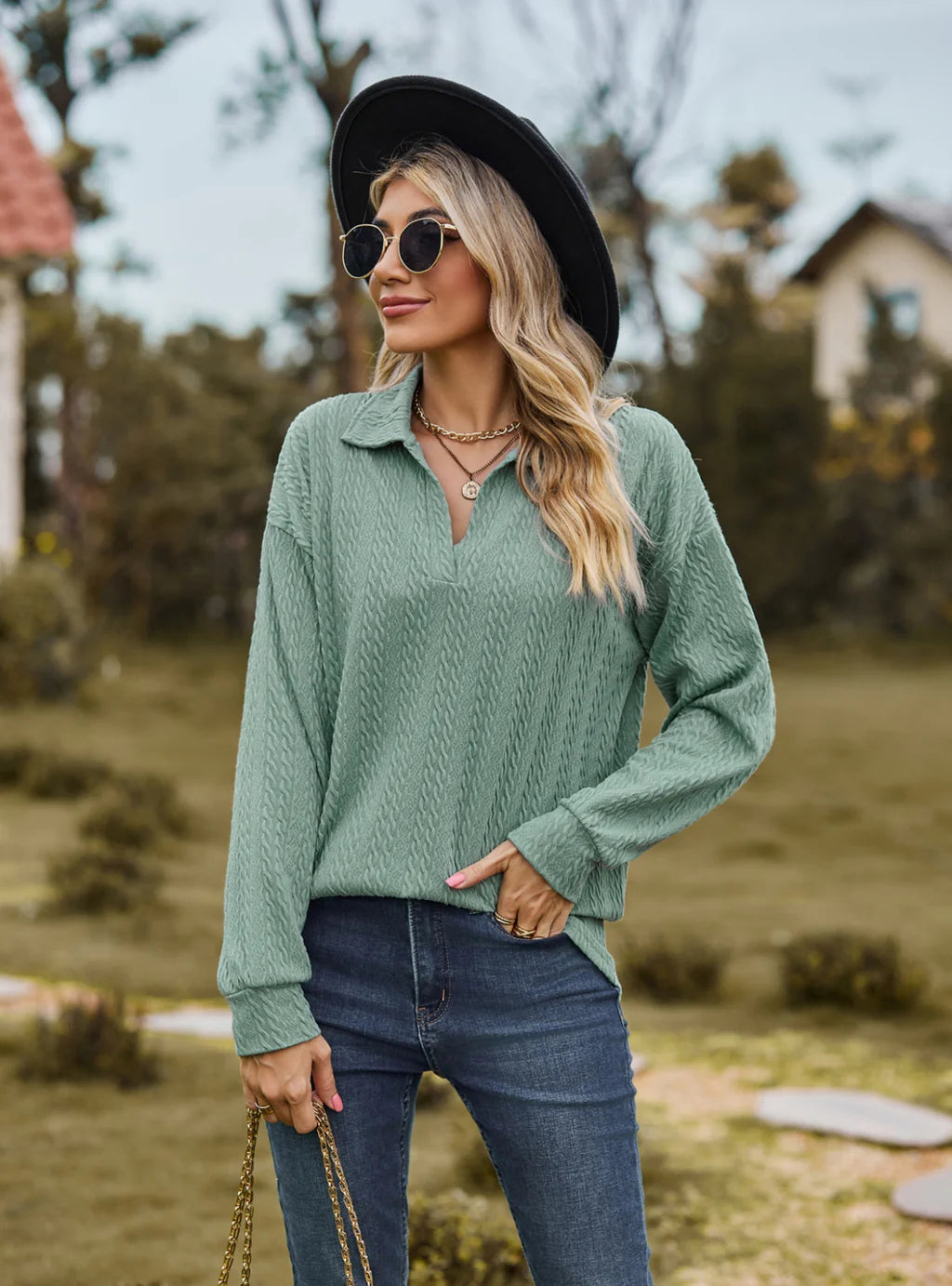 SOLID COLOR LAPEL LOOSE LONG SLEEVE TOP