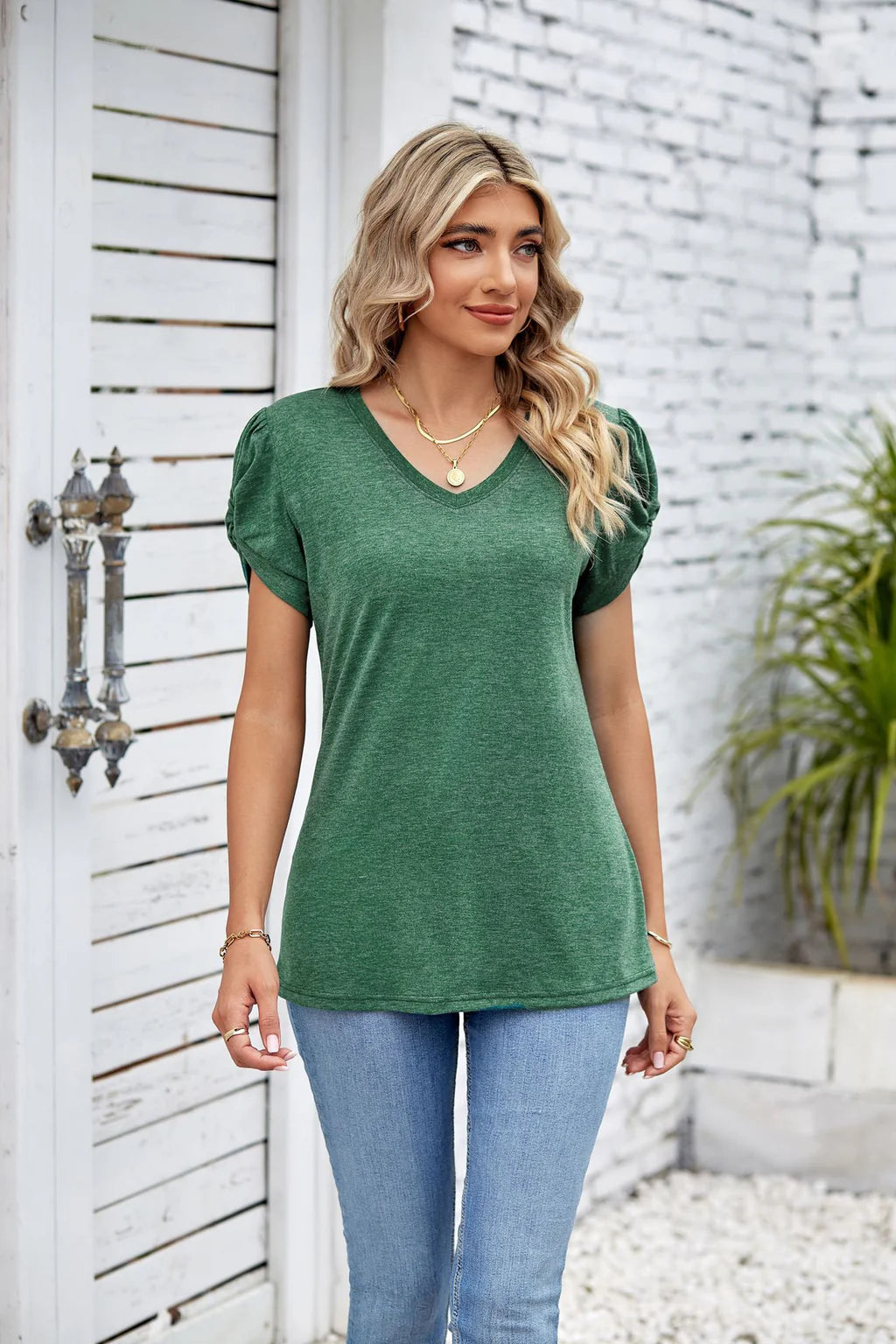 SOLID COLOR V-NECK LOOSE SHORT SLEEVE T-SHIRT