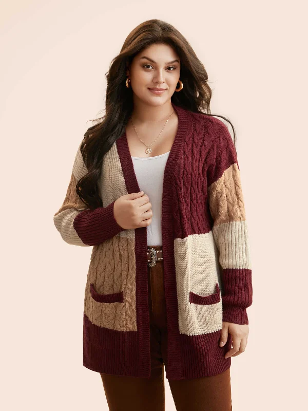 Colorblock Contrast Cable Knit Pocket Cardigan