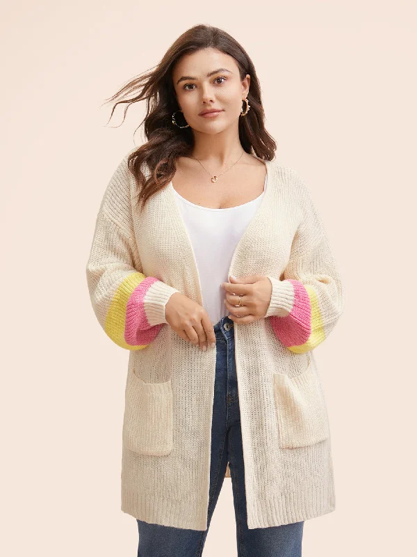 Colorblock Contrast Lantern Sleeve Pocket Cardigan