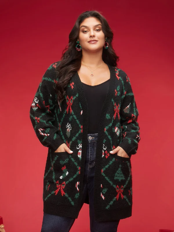 Festive Plaid Pattern Open-Front Cardigan