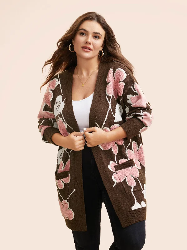 Floral Jacquard Open Front Pocket Cardigan