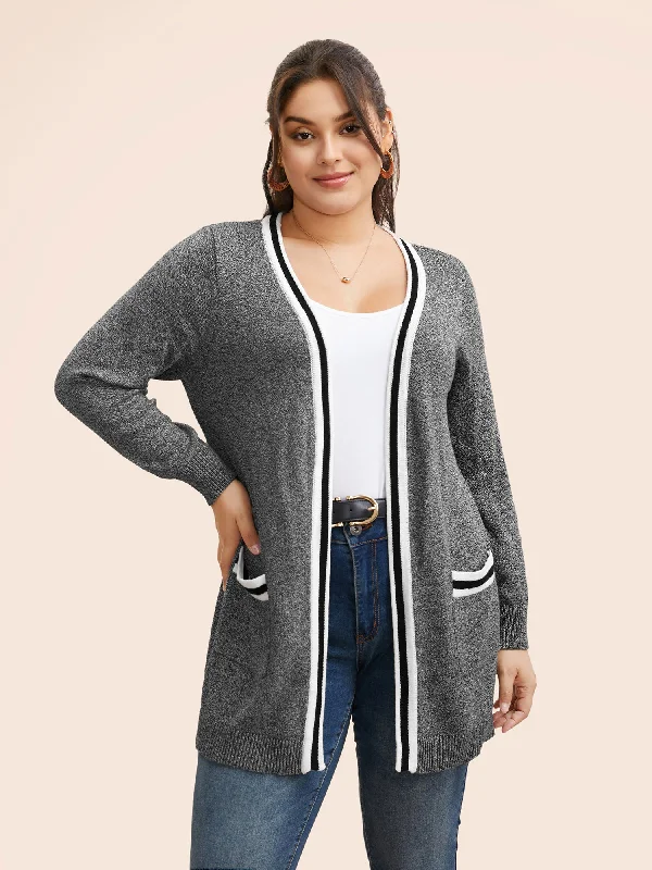 Heather Contrast Striped Pocket Cardigan