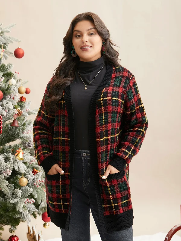 Holiday Plaid V-neck Open Cardigan