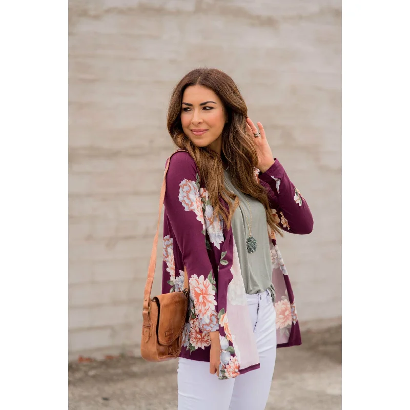 Plum Floral Pocket Cardigan