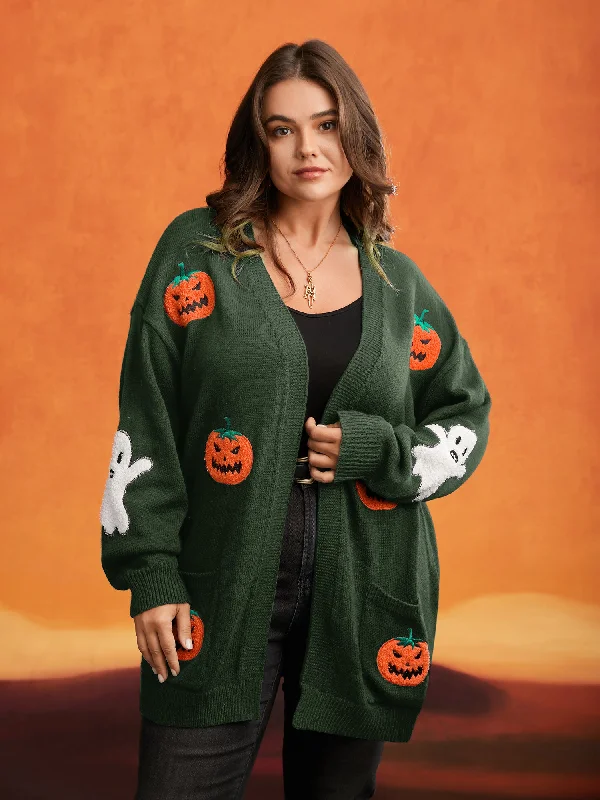 Pumpkin Ghost Embroidery Open Cardigan