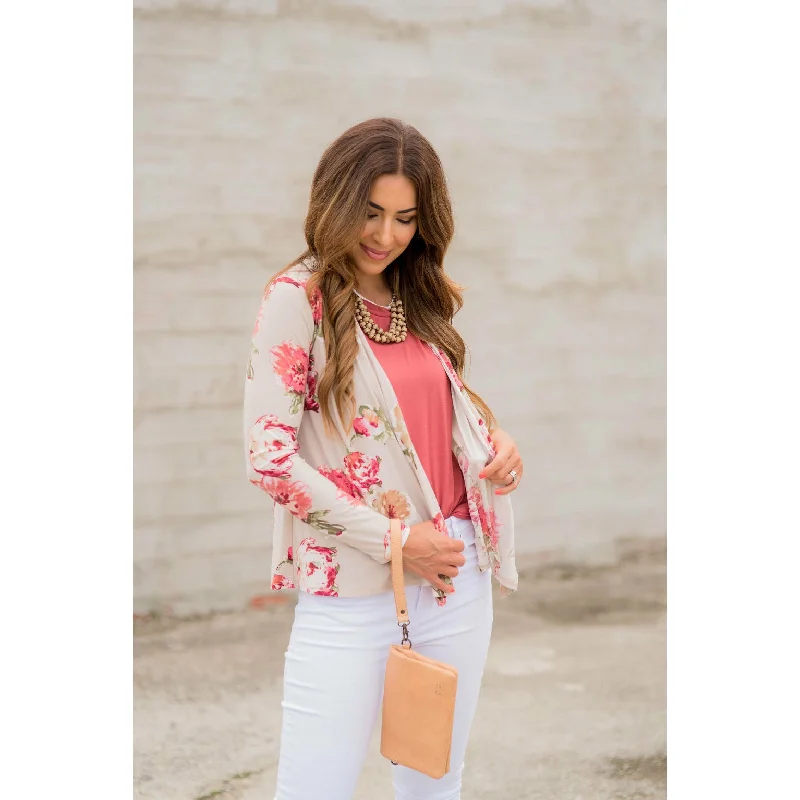 Short Tan Floral Cardigan