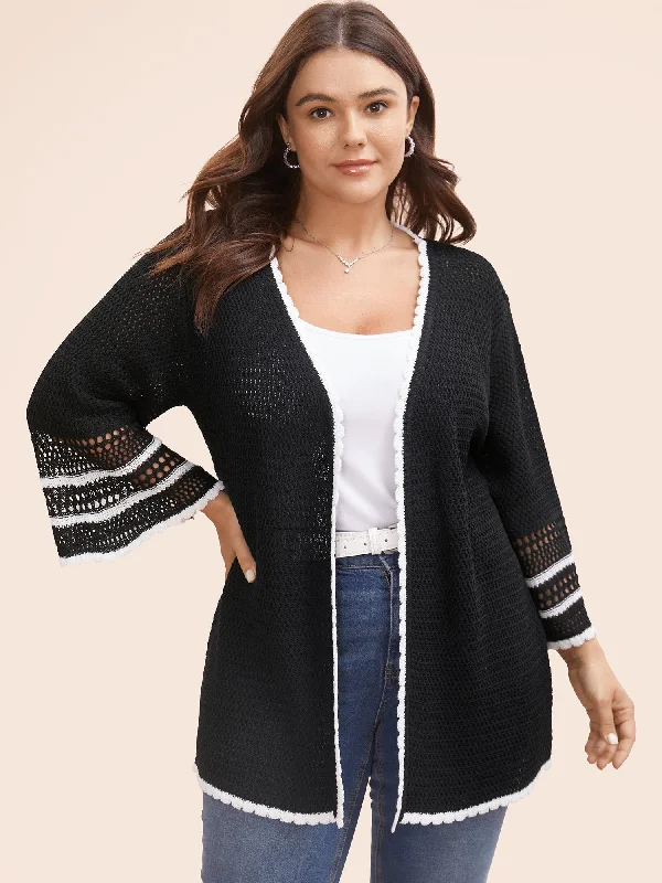 Solid Contrast Trim Bell Sleeve Cardigan