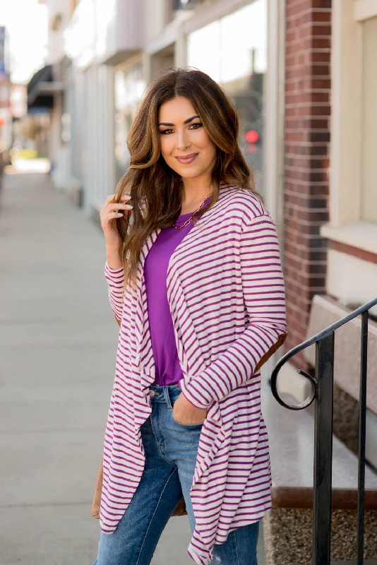 Striped Waterfall Elbow Patch Cardigan