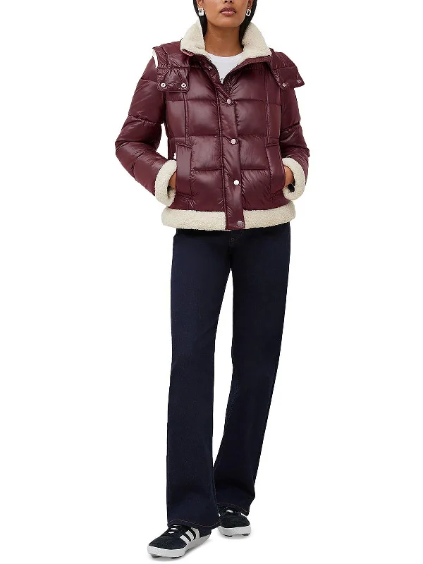 Womens Sherpa Trimmed Quilted Puffer Jacket